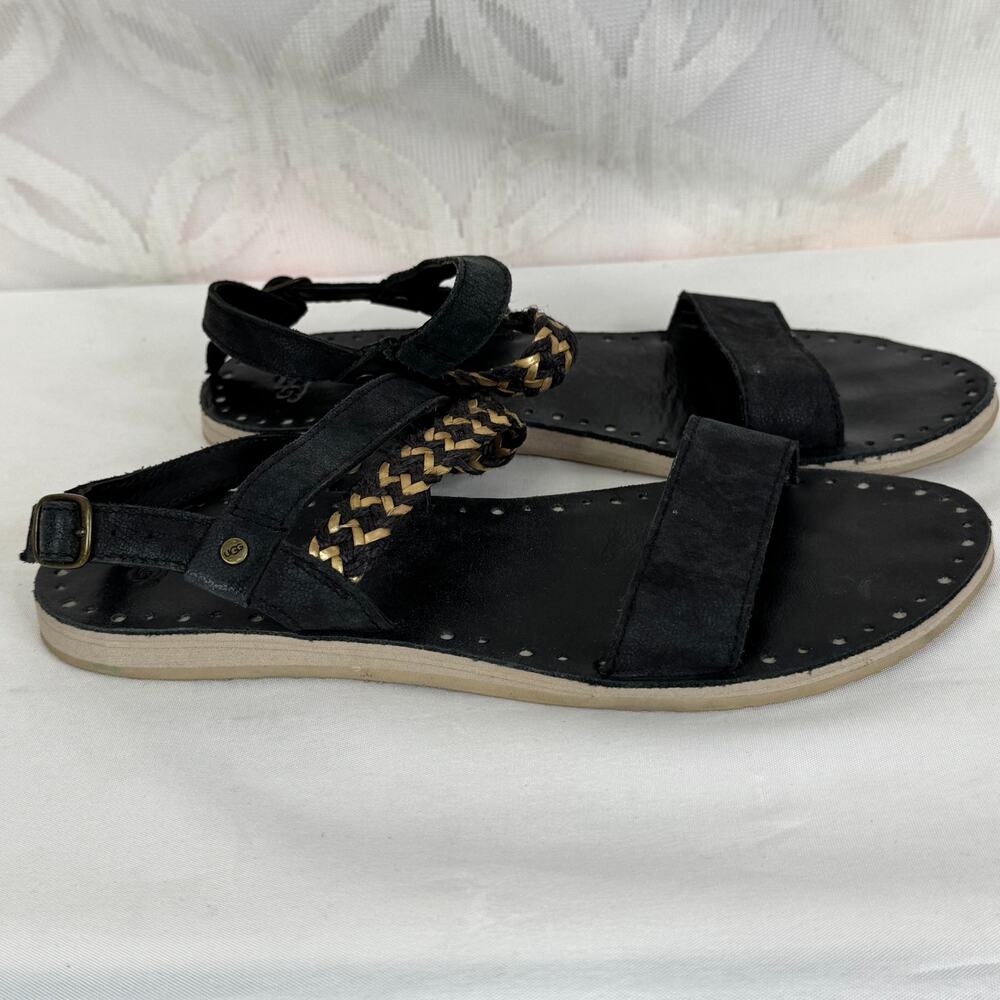 Ugg Black Leather Elin Sandals Buckle Flats Braided Gold Accents Women Sz 7M‎ US - Picture 10 of 12